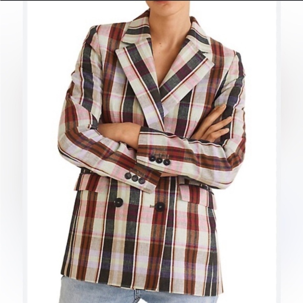MANGO plaid double breasted linen/cotton blend blazer size S